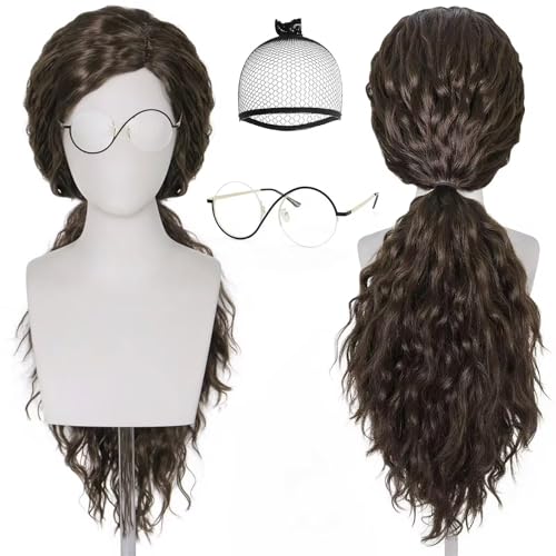 JoneTing Brown Fluffy Witch Wig for Women Brown Braided Wig with Glasses