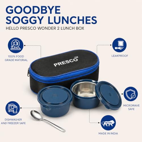 Image of PRESCO Insulated Lunch Box Set (2 Microwave Safe Inner Steel Containers, 450ml*2; with Steel Spoon) with Insulated Fabric Bag, Lunch Box for Office Use, Leak Proof, Tiffin Box for Men (Blue)