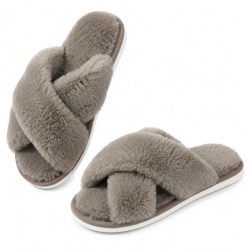 Image of Ankis Women's Fuzzy Slippers Cross Band Memory Foam Open Toe Comfy Soft House Shoes Anti-Slip Indoor Outdoor Gifts for Women