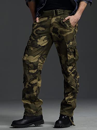 OCHENTA Men\'s Camo Cargo Pants Cotton Casual Work Tactical Combat Tactical Pant with 8 Pockets Army Green Camo M 29