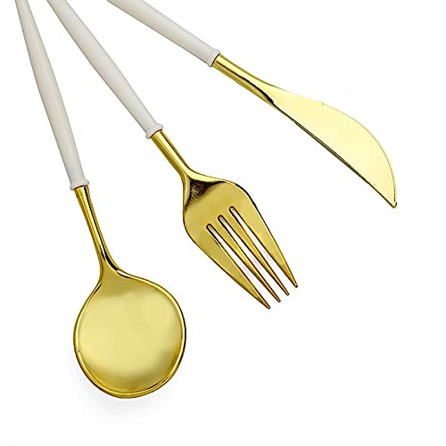 24 Gold Ivory Disposable Plastic Cutlery Spoon Fork and Knife Set for Weddings Parties Birthdays Receptions Events Dinnerware Tableware Decorations