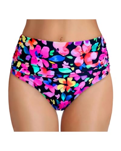 Image of Women's High Waisted Bikini Bottom Tummy Control Ruched Bathing Suit Bottom | Full Coverage, Full Lining, Retro, Shirred