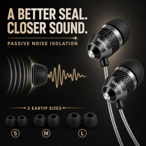Image of Betron B25 Earphones, Noise Isolating in-Ear Wired Headphones, Black | Strong Bass, Tangle-Free Cord, Lightweight, Carry Case and Soft Earbud Tips