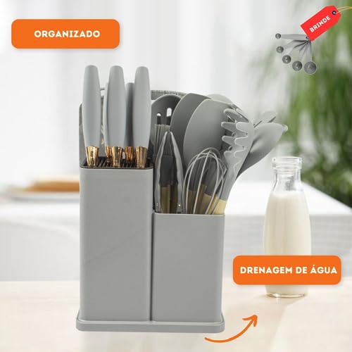 Kit 19 Utensílios De Cozinha Com Cabo De Madeira E Silicone (Cinza)