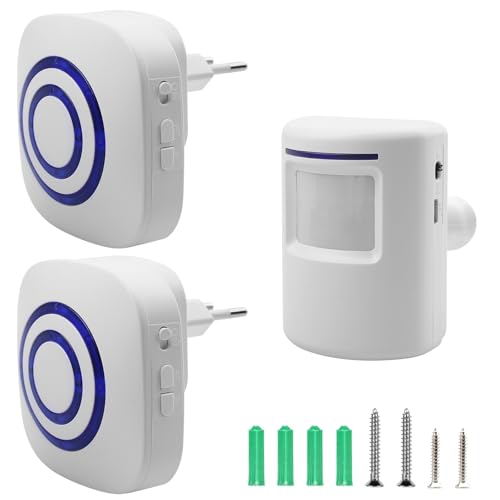 Alarma de paso inalámbrica, campana de carga, sistema de alarma inalámbrica con 2 receptores electrónicos plug in, 1 detector de movimiento PIR, detector de paso, timbre de puerta, alarma inalámbrica