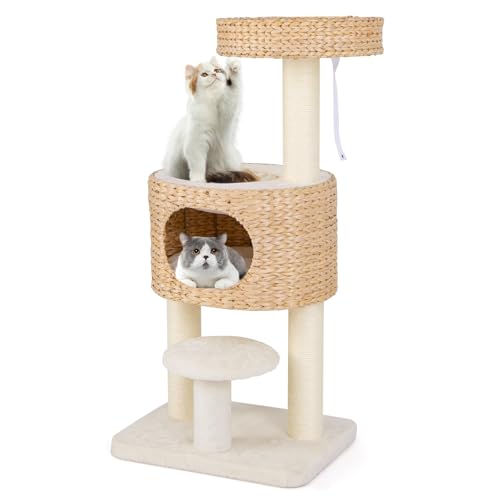 Tangkula Modern Cat Tree, 41 Inch Multi-Level Cat Tower with Cattail Fluff Condo & Top Perch, Hanging Toy, Bed, Removable Cushion, Sisal Scratching Posts for Indoor Cats, Natural