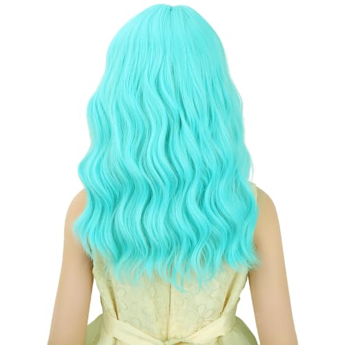 Image of Light Blue Wig Short Blue Wavy Curly Wigs Wig with Air Bangs Synthetic Cosplay Hair Wigs