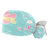 DHH166 2 paquetes de gorras de trabajo con botones, banda para el sudor, gorras quirúrgicas ajustables para mujeres, patrón de regalo de amor azul impreso, multicolor, Talla única