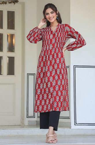Image of Janasya Women's Maroon Pure Cotton Floral Print Flared Kurta