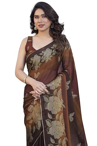 Image of MIRCHI FASHION Saree for Woman Chiffon Foil Work Floral Printed | Ethnic Sari for Function and Farewell with Unstitched Blouse Piece (Available in 15 Colors)