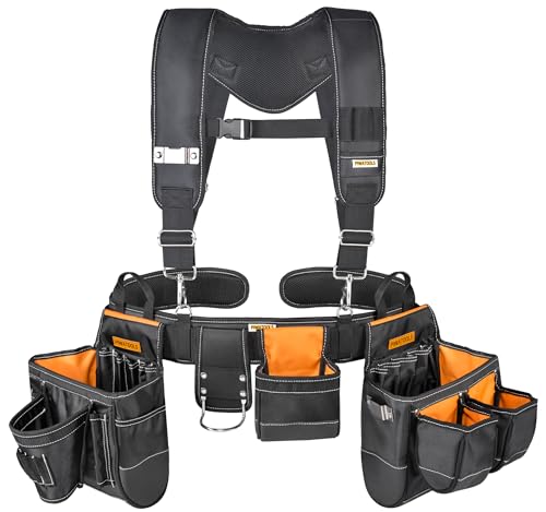 Pro Padded Tool Belt Suspenders Carpenter Construction Electrician Work Suspender with 4 Attachment Loops for Men,Black