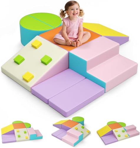 STYPLZ Blocchi da costruzione in schiuma per bambini, blocchi da arrampicata per bambini, mattoncini giganti per scatenare e arrampicarsi (7 spugna + custodia in pelle – Macaron)