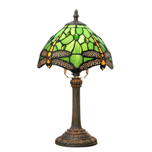 ge Lámpara de mesa de vitral estilo Tiffany – 8 pulgadas de ancho 15 pulgadas de alto – Diseño de flores rústicas para dormitorio, sala de estar, oficina en casa, acento de libélula verde