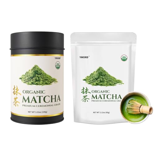 YMORD Organic Ceremonial Grade Green Tea Powder(100g)+Organic Ceremonial Grade Green Tea Powder(60g)-USDA Certified - Sugar Free, GMO Free, Vegan, 100% Pure Matcha, No Additives