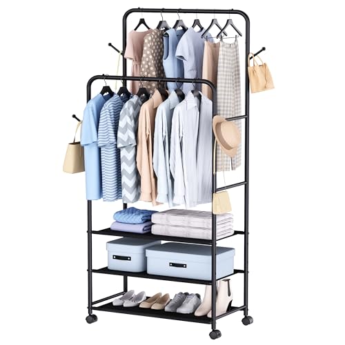 Whitmor Double Rod Clothes Rack: Metal Rolling Clothing Racks for Hanging Clothes, Heavy Duty Garment Rack with 3 Shelves, Portable Clothes Organizer for Bedroom, Laundry, Living Room, Black