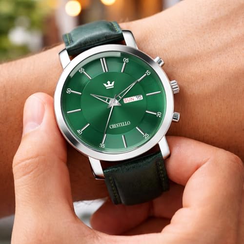 Image of CRESTELLO Brown /Green /Black Leather Strap Analog Wrist Watch with Day-Date Display for Men (Silver /Green /Brown /Black Dial) | CR-WT210