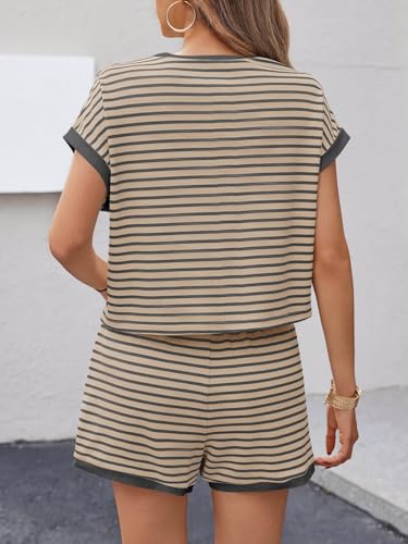 Image of Tankaneo Womens Summer 2 Piece Sets Striped Short Sleeve T Shirts and Shorts Loungewear Matching Set