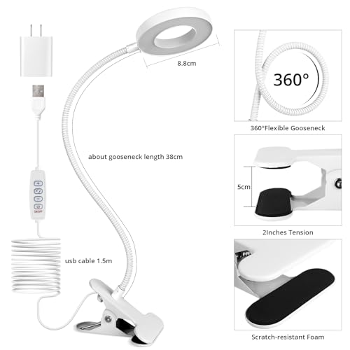 image for Woputne Desk Clip on Lamp for Reading Home Office, with 5V 2A Adapter,
