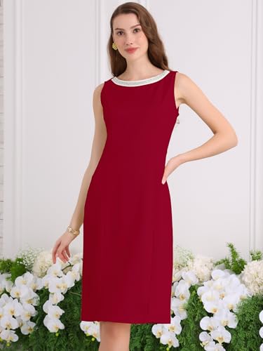 Image of Hobemty Women's Boat Neck Sheath Dresses Sleeveless Work Rhinestone Dress