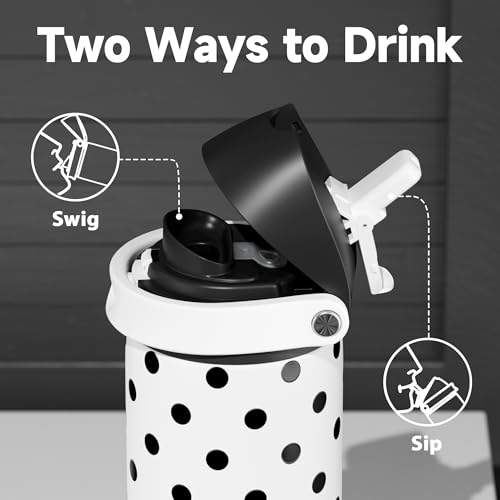 Image of 24 oz Insulated Water Bottle with Straw: Meoky Stainless Steel Metal Water Bottle with 2-in-1 Lid - Leak Proof, Cold for 24 Hours, Fits in Car Cup Holder, BPA-Free for Sports Travel Car, Polka Dot