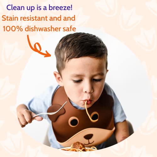 Silly Goose Silicone Animal Baby Bibs for Babies and Toddlers, Waterproof, Adjustable, Soft, Extra Wide Food Catcher Pocket (Baby Bear)2