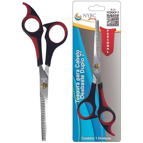 NYBC Beauty Tesoura Profissional para Desbaste Duplo, 7' Polegadas, Cabo Vermelho e Preto, Leve e Eficiente, Para Uso Doméstico e Profissional