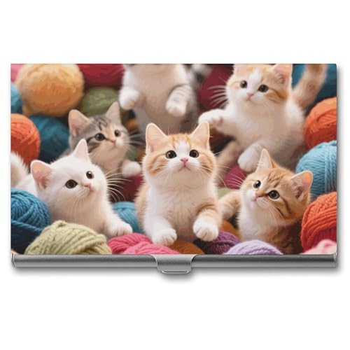 Business Card Holder Metal Slim Business Card Case Cute Kittens Professional Cards Organizer Pocket Name Cards Case Credit Holder Wallet for Men Women Buckle Style Shut