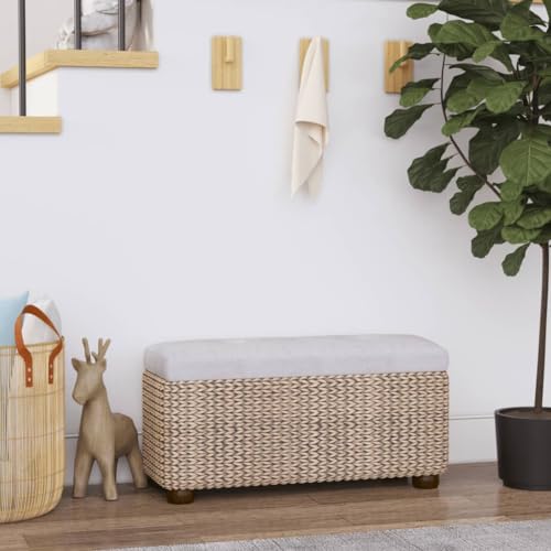 QUAHEAS Bancos con espacio de almacenamiento y cojines en gris, 2 unidades de 69 cm, banco de almacenamiento acolchado de totora y madera contrachapada para pasillo, salón, dormitorio