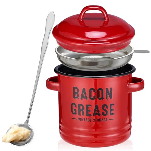 ONEARF Bacon Grease Container with Strainer - Large 46OZ Red Kitchen Oil Storage Can, Food Saver Bin