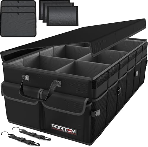 FORTEM Kofferraum Organizer fürs Auto mit Klett, klappbar, 85 L | Autobox mit Deckel, Rutschfestem Boden, Sicherungsriemen, Mehreren Fächern & Verstärkten Bodenplatten, für SUV & P