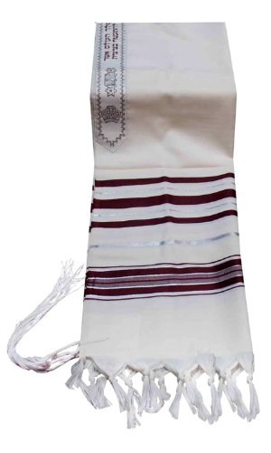 Virgin Wool Tallit Prayer Shawl Maroon and Silver Stripes in Size 42
