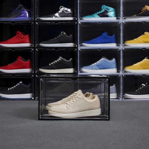 Image of Sneaker Storage Box Transparent Stackable Shoe Organizer Case with Magnetic Drop Front Door for Footwear Display and Storage (1, Black)