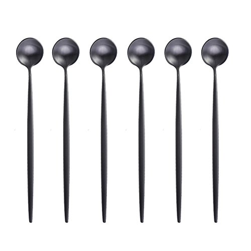 BRIIEC Black Gold 18/10 Stainles Steel Long Handle Ice Cream Spoon, Latte Spoon, Cocktail Stirring Spoons, Matte Finish, Dishwasher Safe, Pack of 6