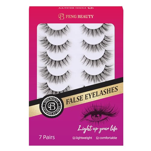 FENG BEAUTY Clear Band Natural False Eyelashes – Lightweight Wispy Lash Strips for Daily Wear, Invisible Band Natural Cat Eye Look, 7 Pairs Reusable