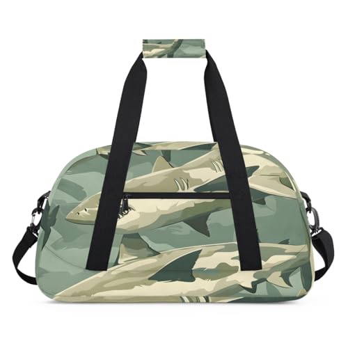 Vintage Camo Shark Gym Travel Duffle Bag for Women & Men with Front Zipper Pocket for Sports, Overnight, Weekender, Carry On,Workout & Dance Bag,18.9 * 8.7 * 10.6 in2
