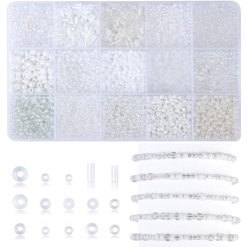 AWARDSEN Weiß Perlen Set Glas Perlen für Armbänder 2/3/4 mm Glasperlen zum Auffädeln mit Behälterbox 15 Farbe Kleine Kristallperlen Glass Beads mit Loch für Basteln Geschenkidee für Feiertage