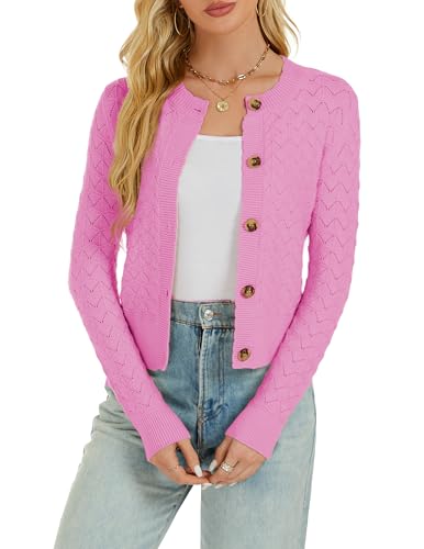 Enjyam Damen Strickjacke Langarm Elegant Kurz Cardigan mit Knöpfe Rundhals Weiche Leichte Jacke zum Top Kleid Rosa,S
