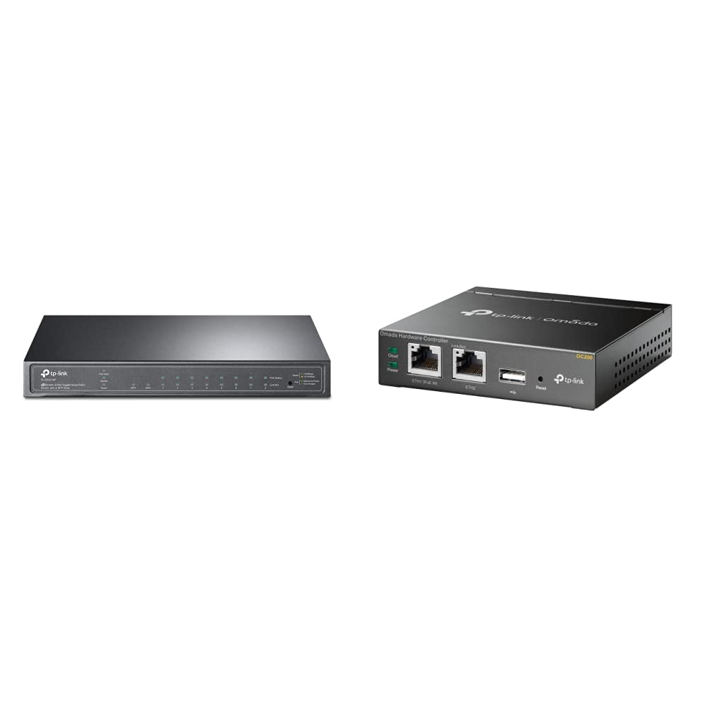 TP-Link TL-SG2210P 10-Port Smart Switch mit 8 PoE+ Ports Schwarz & OC200 Omada Hybrid PoE Hardware Controller für EAP Serie, USB Port für automatisches Backup, grau metallic