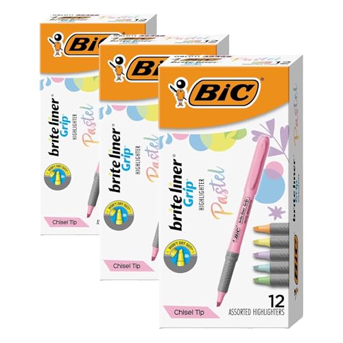 Image of BIC Brite Liner Grip Pastel Highlighter Set, Chisel Tip, 12-Count Pack of Pastel Highlighters in Assorted Colors, Cute Highlighters for Bullet Journaling, Note Taking and More (Pack of 3)