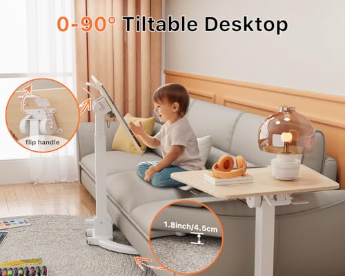Image of JOY worker Foldable Mobile Standing Desk, 90 Tilt Rolling Laptop Desk, Oak | Tiltable MDF Laptop Desk, Portable Cart with Hidden Wheels & Low Base, Collapsible for Storage, Holds 22lbs, Home Office