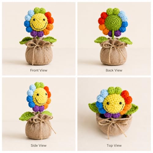 Image of Handmade Crochet Rainbow Smiley Flower in Jute Bag 16 cm, Mini Artificial Crochet Flower Pot, Cute Desk Decor for Home, Office Table, Shelf, Birthday, Friendship & Thank You Gift