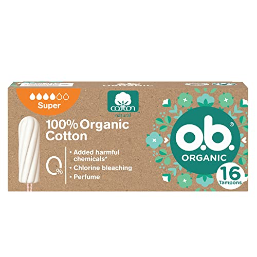 o. b. ORGANIC Tampones de algodón 100% orgánico (1 x 16 unidades), tampones sin aplicador de absorbencia súper, tampones desechables libres de sustancias nocivas