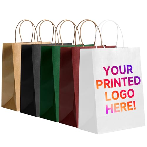 METAPRINT 50 PCS Custom Printed Kraft Paper Bags for Small Business,8x4.5x10 Inch Medium Size, Personalized Retail Gift Bags with Logo, Brown White Shopping Paper bag with Handle