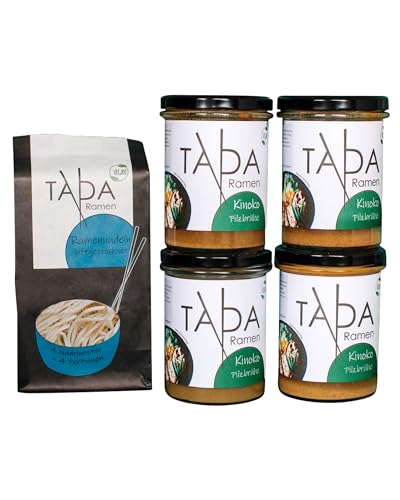 TADA Kinoko Ramen Set Vegan - 4x 350ml rauchige Ramen-Brühe - Inkl. 250g Ramen Nudeln - Ohne Zusatzstoffe - Schnelle Zubereitung