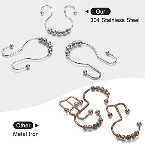 Goowin Shower Curtain Hooks, 12 Pcs Shower Curtain Rings, Stainless Steel Roller Rust-Resistant Balance Sliding Anti-Drop Double Shower Hooks For Curtain Bathroom Shower Curtains (Chrome) #TOP1