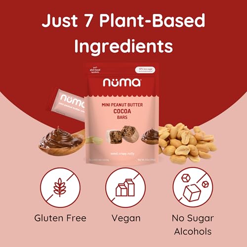 Image of Numa Mini Peanut Butter Cocoa Bars - Vegan, Low Sugar, High Protein, Natural, Gluten Free - Crunchy Plant Based PB Snacks - 3 Bags with 8 Individually Wrapped Chocolate Protein Bars