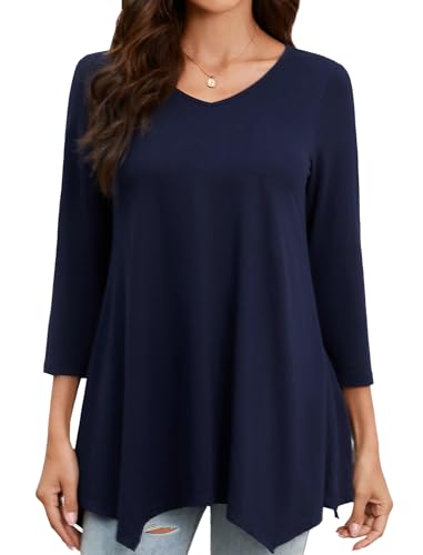 Image of Enmain Womens Navy Tunic Tops Long Sleeve V Neck Ladies 3/4 Sleeve Tunics Casual Pattern Print Hanky Hem T Shirt Blouse Swing Top,Navy Blue,2XL