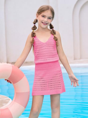 Image of Haloumoning Girls Sleeveless Crochet Swimsuit Cover Up Kids Summer Hollow Out Knitted Beach Dress 7-14 Years