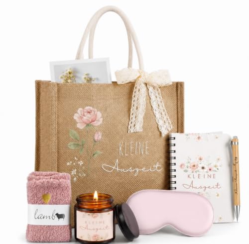 Hestya Regalo de Descanso para Mujeres Kleine Auszeit Bolsas de Yute y Velas Aromáticas Cesta de Regalo para Bienestar de Navidad y Cumpleaños para Mujeres, Novias y Mamás