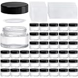 Bekith 40 Pack 1 oz Small Glass Jars, Empty Round Clear Glass Jars with Black Lids, Blank Labels & Inner Liners, Mini Cosmetic Containers Travel Jars for Cream, Lotion, Sample, Powder